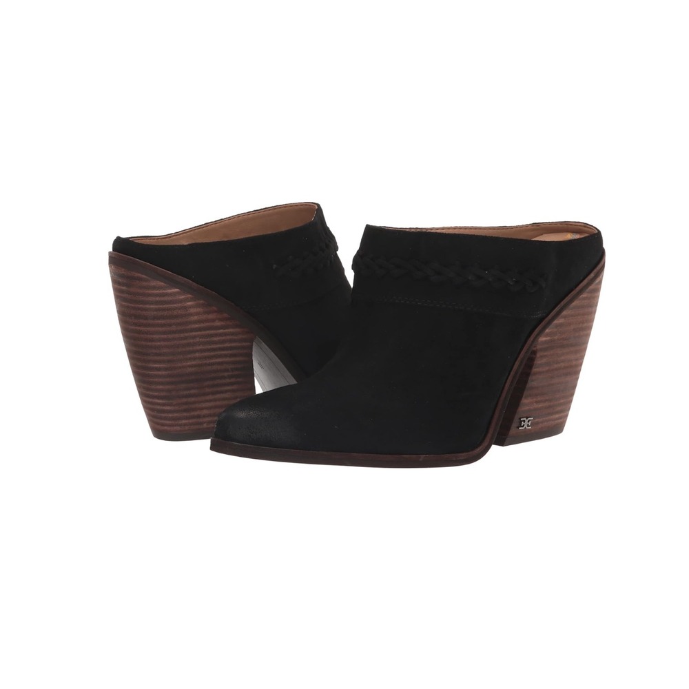 Sam Edelman Alison Black Suede Mules Block Heel Leather Western Women's Size 7.5
